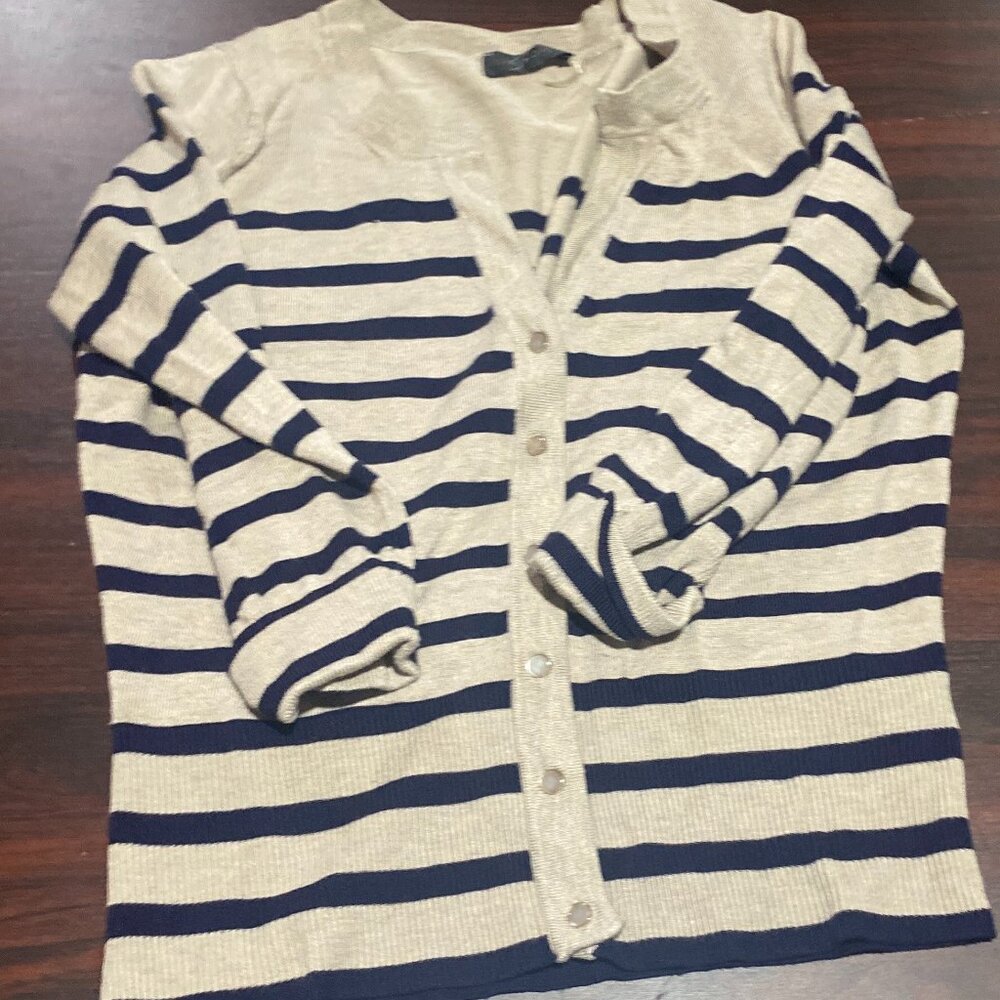 Blue and white striped womans Cardigan. Brand and size unknown